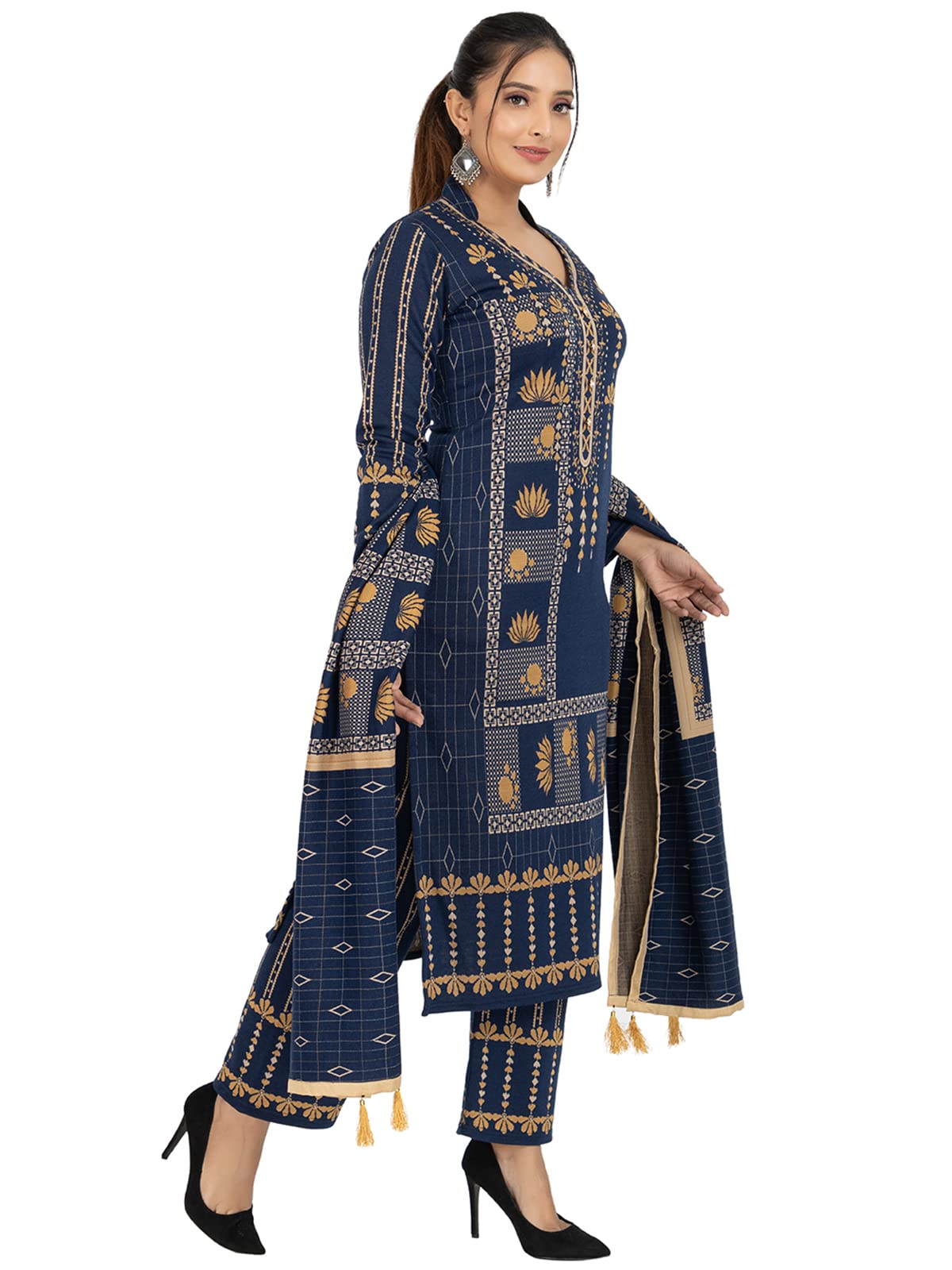 Rosary Women's  Woolen Winter Wear Mandarin Neck Full Sleeve Two Side Pocket Straight Kurta with Palazzo & Stole Set of 3 pc M Navy