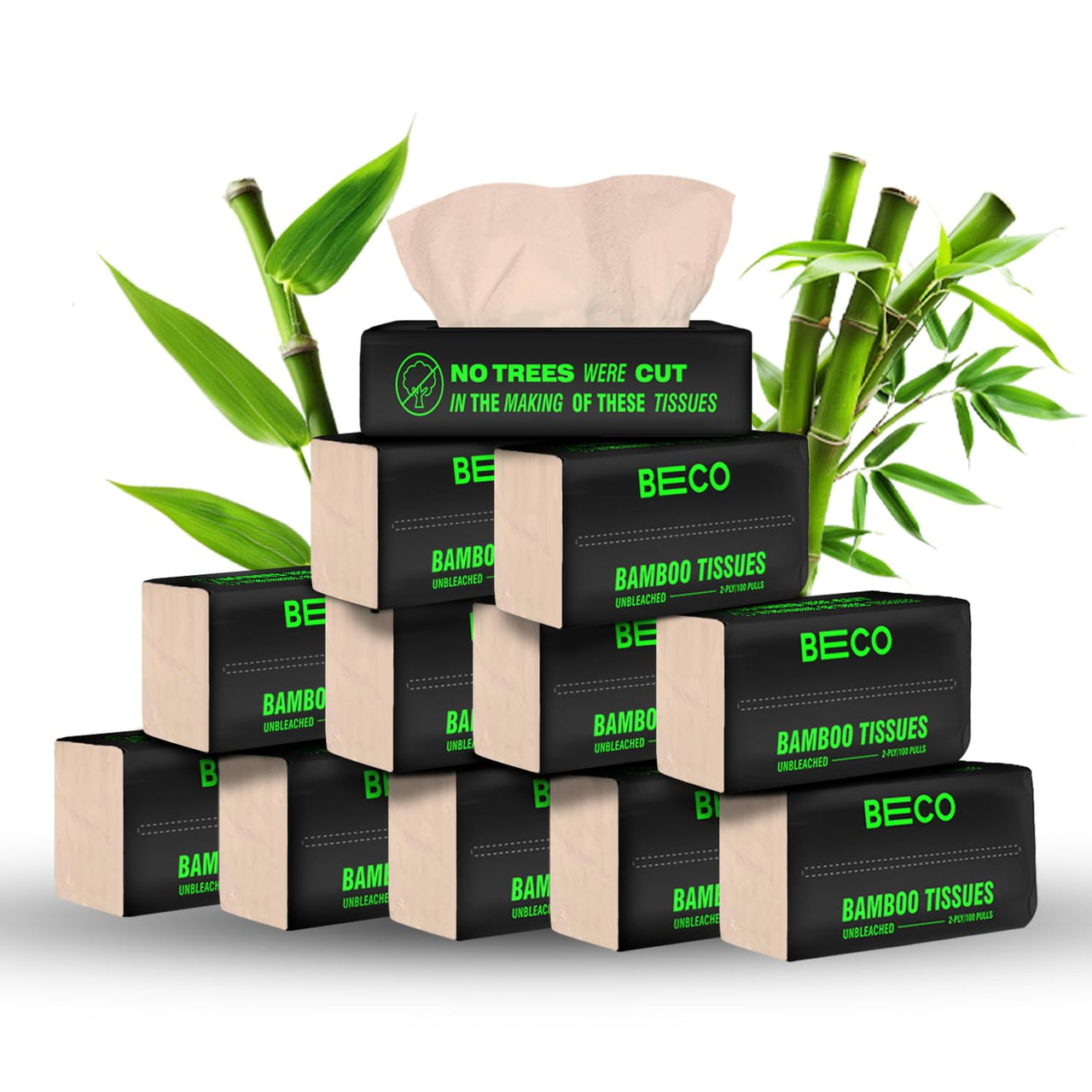 Beco Bamboo Super Soft Facial Tissue 100 Pulls (Pack of 12), 1200 Pulls 2 ply 100% Natural and Ecofriendly
