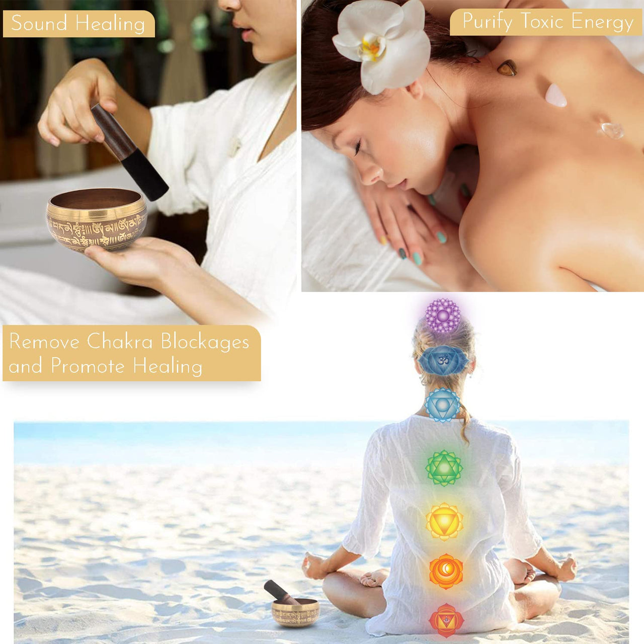 Tibetan Singing Bowl Set - Rose Quartz Pendulum Necklace and 7 chakra healing crystal stones - Handcrafted in Nepal for Meditation, Mindfulness, Yoga, Spiritual Healing and Stress Relief 4" Bronze