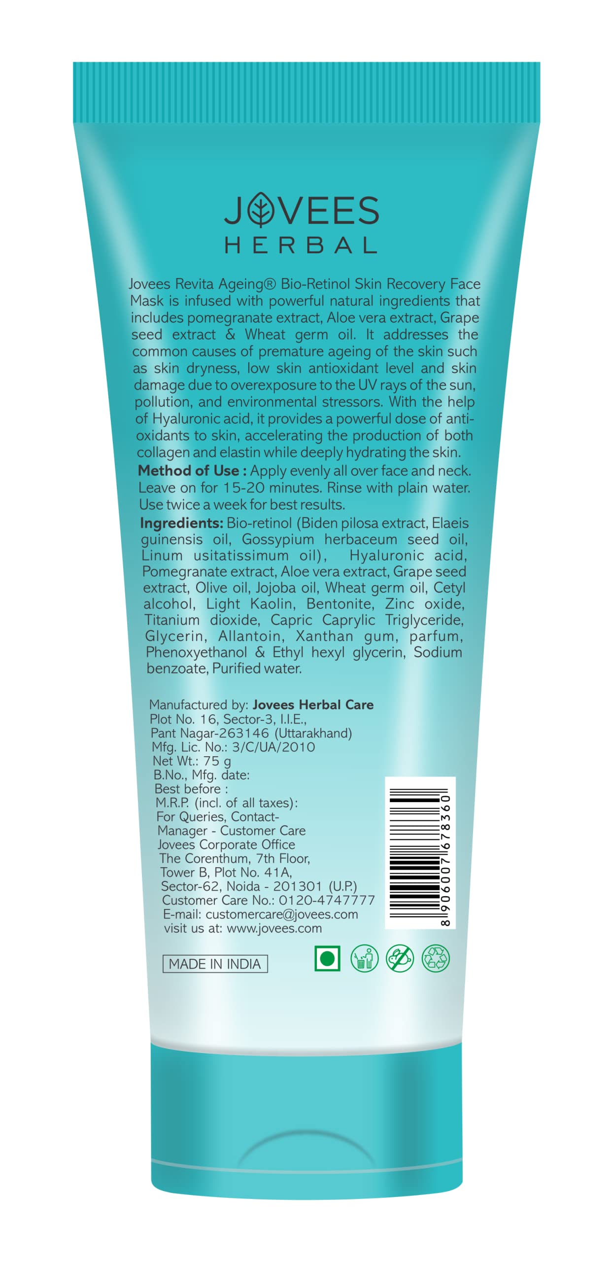 Jovees Herbal Bio-Retinol Revita Ageing Face Mask For Glowing Skin, De-Tan, Pores Tightening & Reduce Sign of Ageing | Made with Eco Certified Bio-Retinol For Men/Women 75g