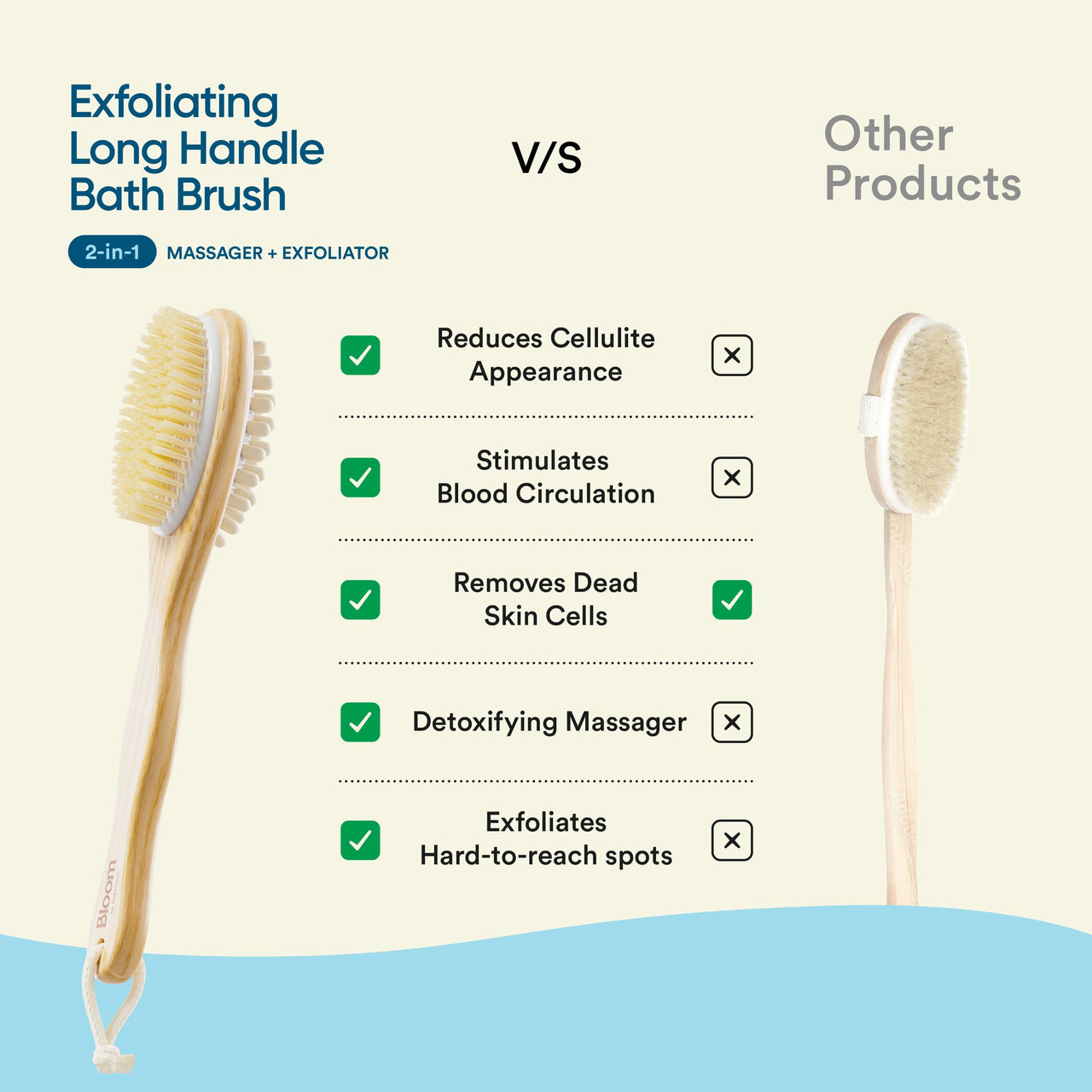 Bloom 2-in-1 Long Handle Body Brush | For Skin Exfoliation and Massage | Reduces Cellulite | Stimulates Blood Circulation & Reduces Dead Skin Cells | Natural, Soft Bristles | (1 unit)