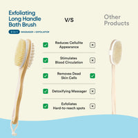 Bloom 2-in-1 Long Handle Body Brush | For Skin Exfoliation and Massage | Reduces Cellulite | Stimulates Blood Circulation & Reduces Dead Skin Cells | Natural, Soft Bristles | (1 unit)