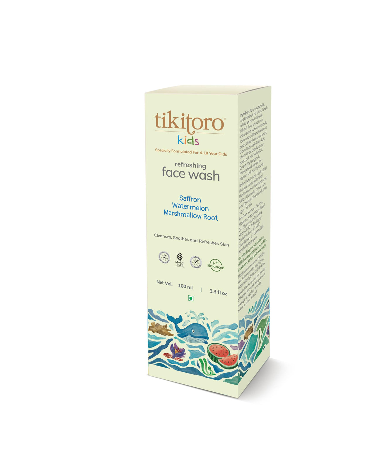 Tikitoro Kids Refreshing face wash| Pediatrician Approved | 100% Vegan with Saffron, Watermelon and Marshmallow Root | Cleanses, Purifies & Moisturises Skin | No Parabens & Sulphates (100 ml)