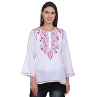 Paramount Women's  Chikankari Cotton White Straight Short Kurta Navy XS