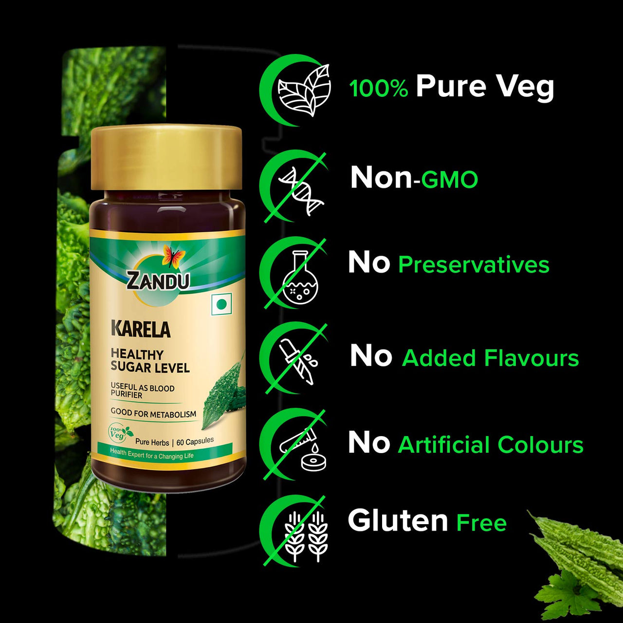 Zandu Karela (Bitter Melon) - 60 Veg Capsules, Helps for Healthy Sugar Levels, Boosting Metabolism & Known for Blood Purification