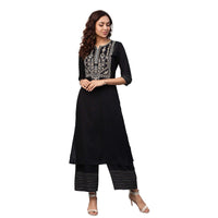 idaLia Women's  Embroidered Black Rayon Kurta With Palazzo Pants