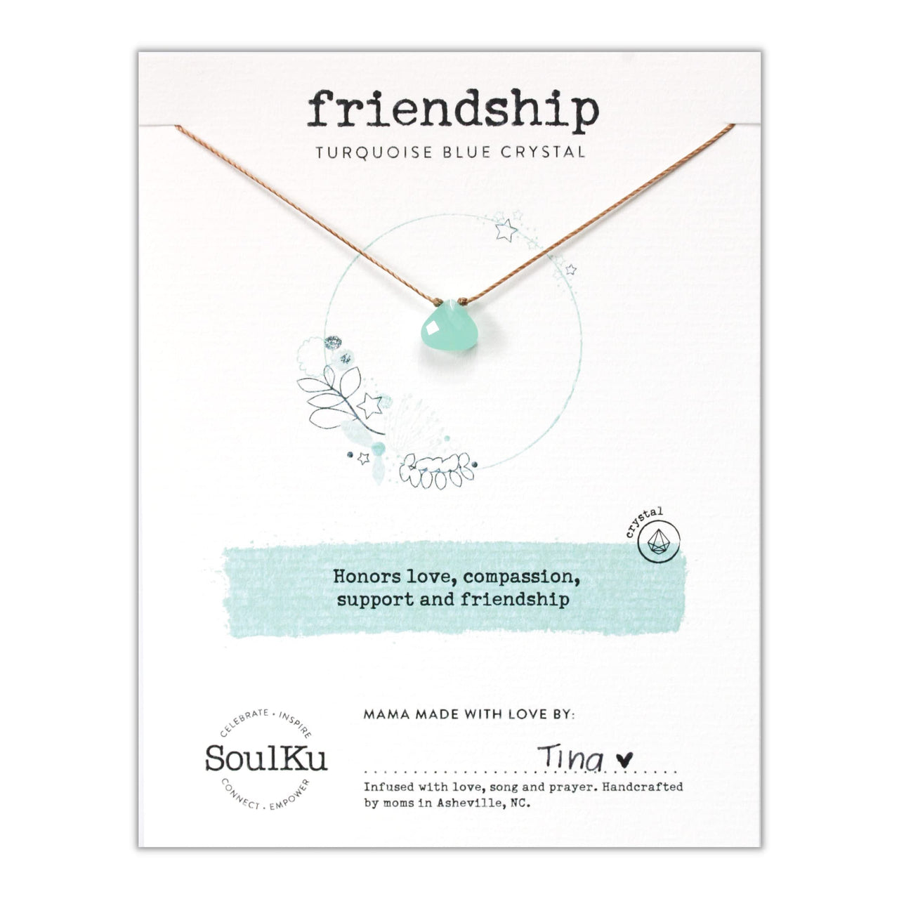 SoulKu Soul Shine Handmade Necklace, Empowering Jewelry With Healing Crystal, Inspirational Jewelry For Women, Mom & Sister, 2"" Extender With Lobster Clasp, 16"" Nylon Cord (Turquiose, Friendship) Turquoise