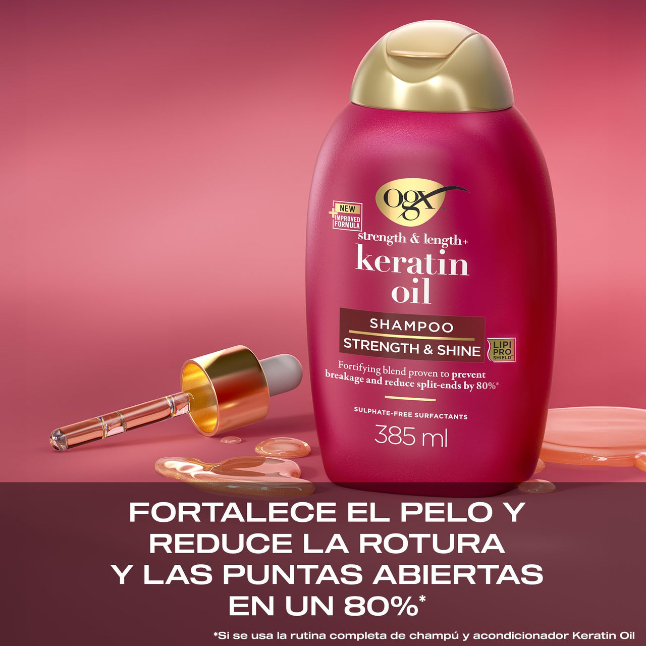 OGX Strength & Length + Keratin Oil Fortifying Anti-Frizz Shampoo for Damaged Hair & Split Ends, with Keratin Proteins & Argan Oil, Paraben-Free, Sulfate-Free Surfactants, 385ml