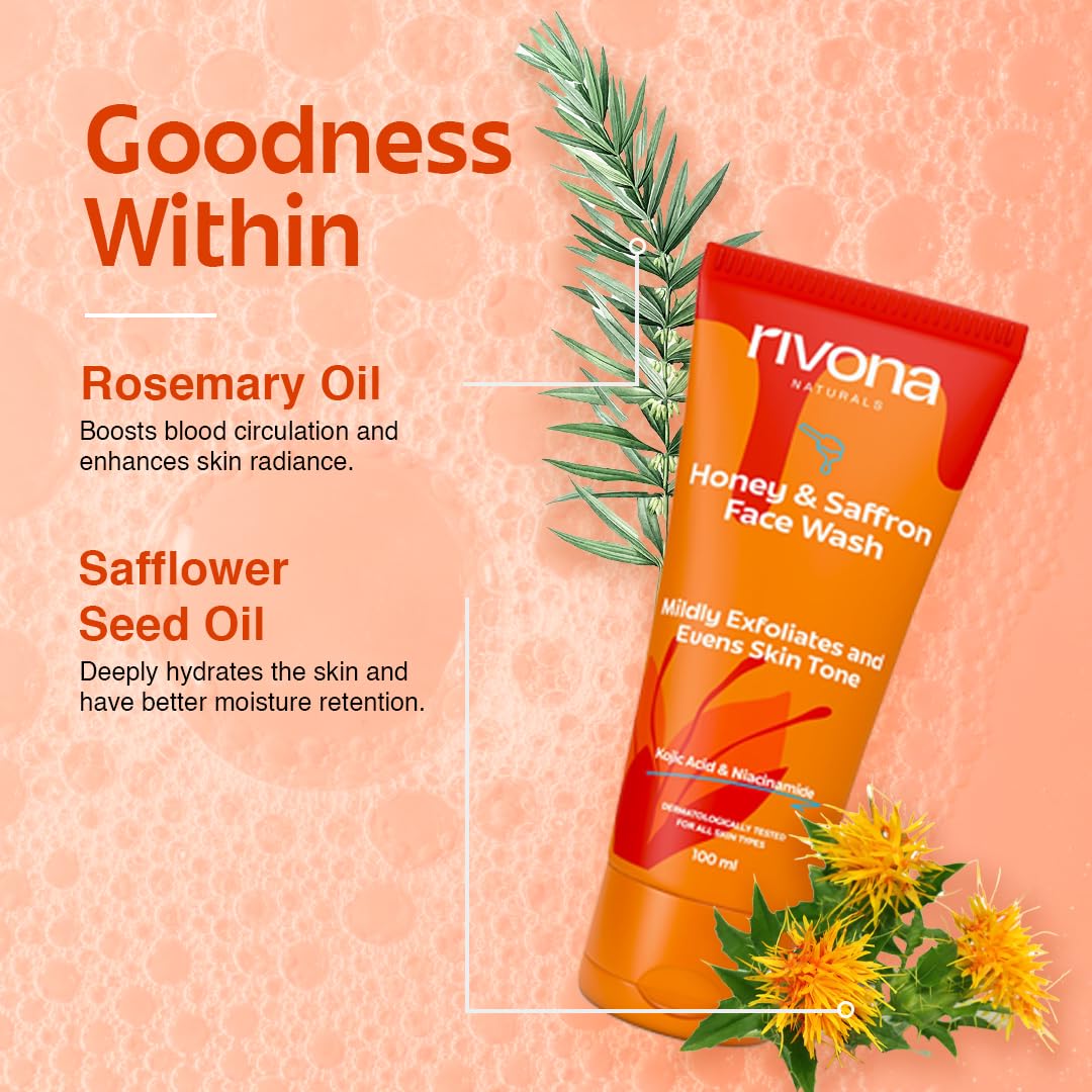 Rivona Naturals Honey & Saffron, brightening facewash with Niacinamide, Kojic Acid l Daily Gentle Face Cleanser For All Skin Types 100gm