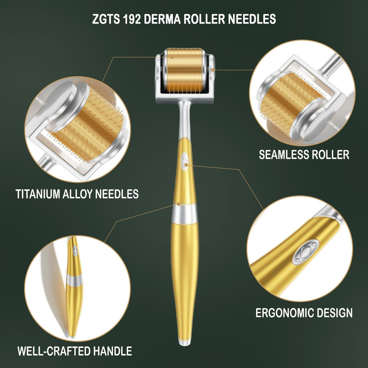 ZGTS Professional Gold Plated 192 Needles Titanium Alloy Derma Roller, Gold, 1.0 mm