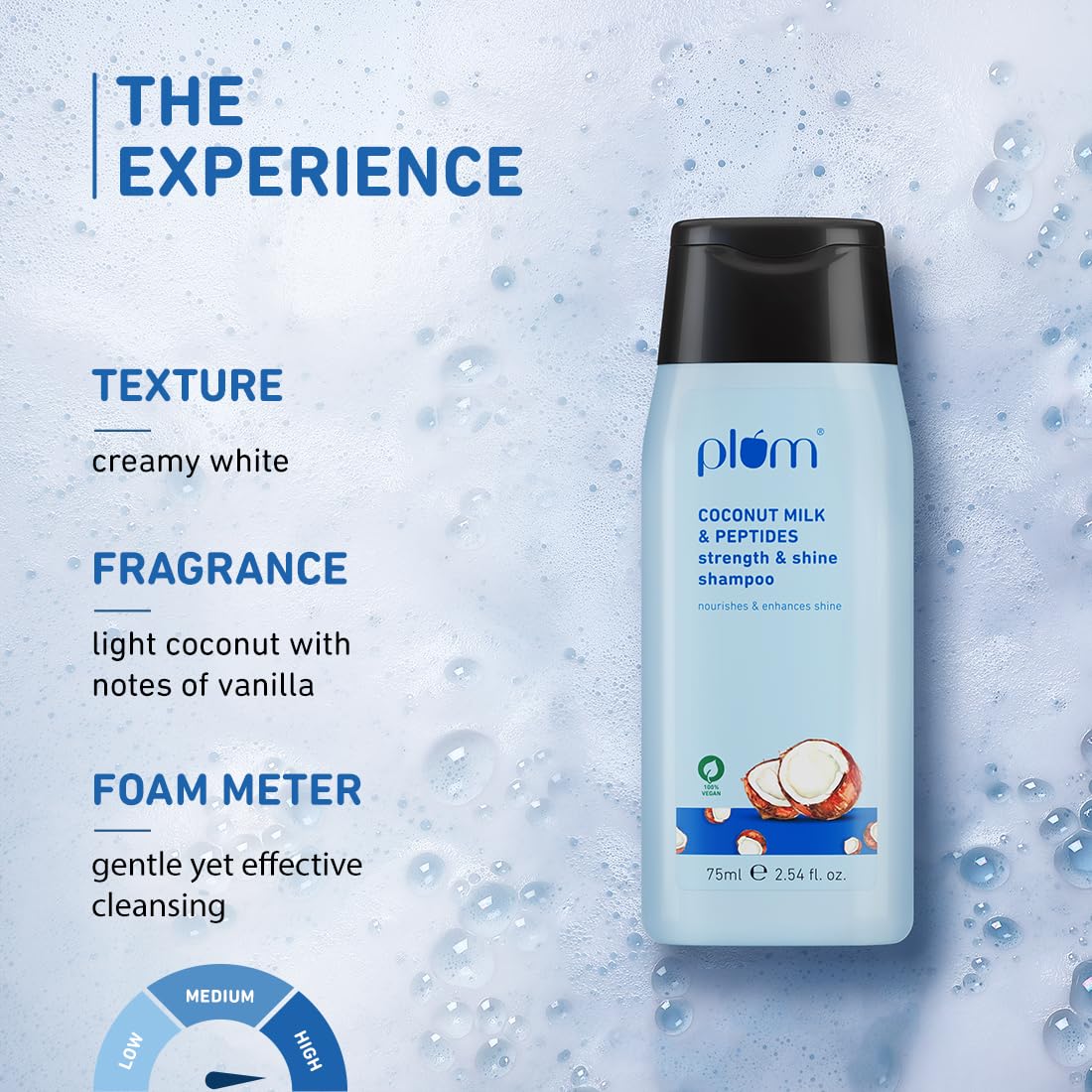 Plum Coconut Milk & Peptides Shampoo for Dry & Frizzy Hair | Provides 22X Shiny & Softer Hair | Paraben-Free | Hair Shampoo for Women & Men | for Straight, Wavy & Rough Hair | pH Balanced | 75ml