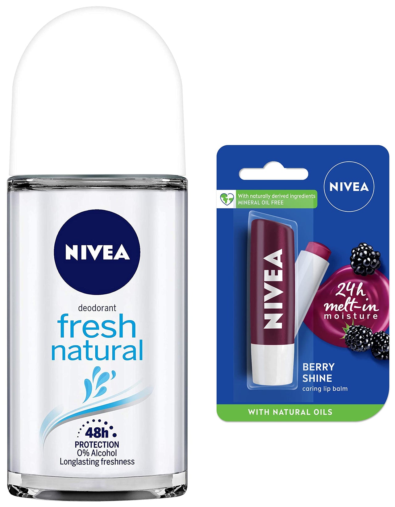 Nivea Deodorant Roll On, Fresh Natural for Women, 50ml And Lip Balm, Fruity Blackberry Shine for Women, 4.8g