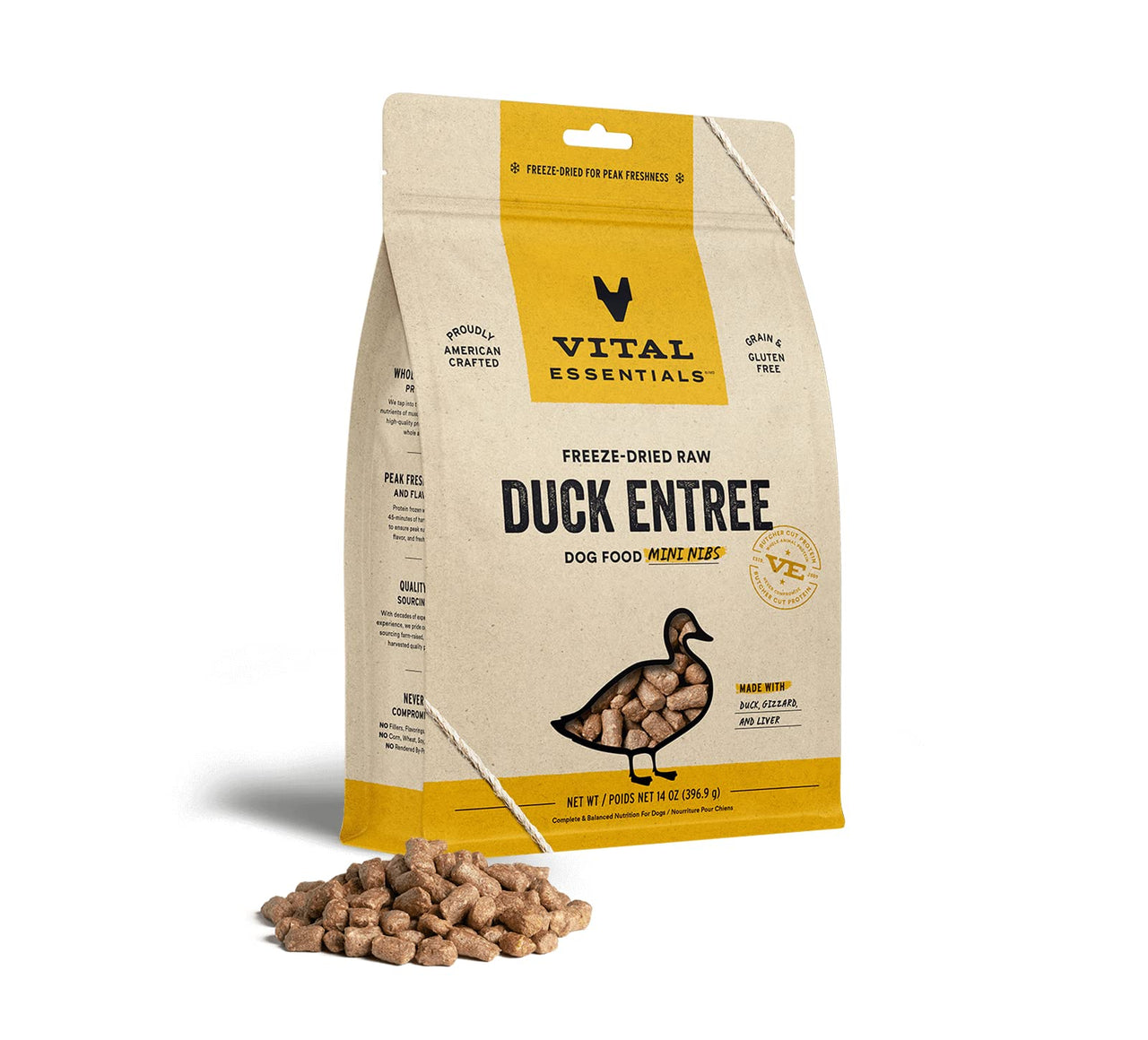 Vital Essentials Freeze Dried Raw Dog Food, Duck Mini Nibs Entree, 14 oz 14 Ounce (Pack of 1)