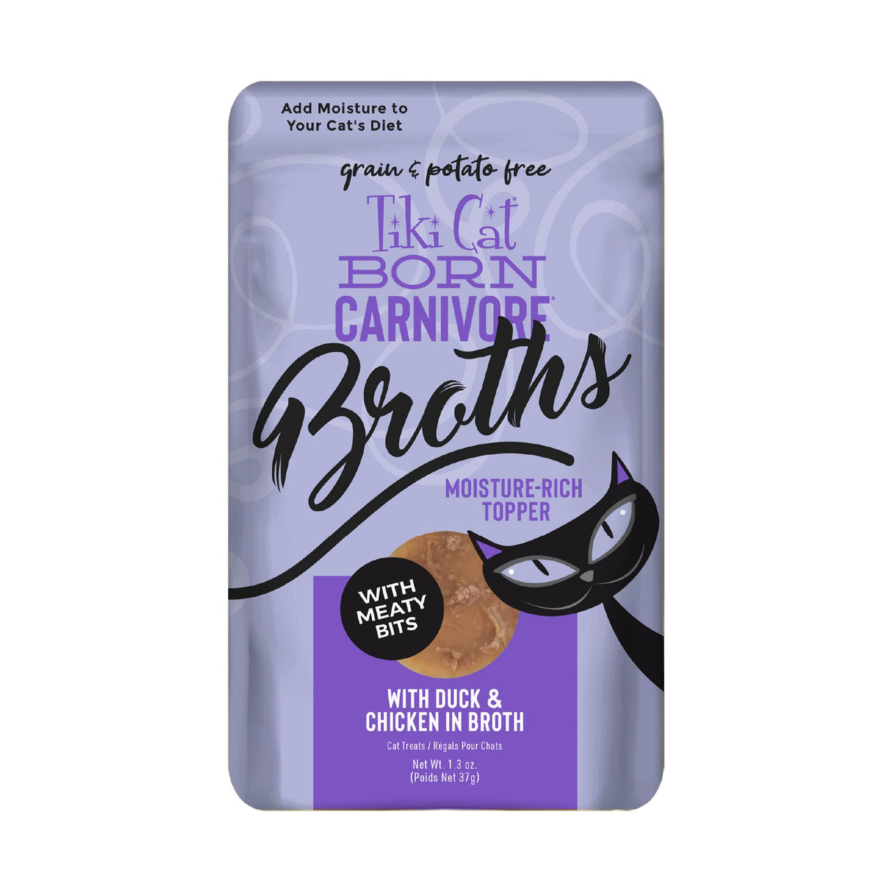 Tiki Cat Born Carnivore Broths, Duck & Chicken Recipe, Hydration and Flavor Supplement Cat Food Topper, 1.3 oz. Pouch (Pack of 12)