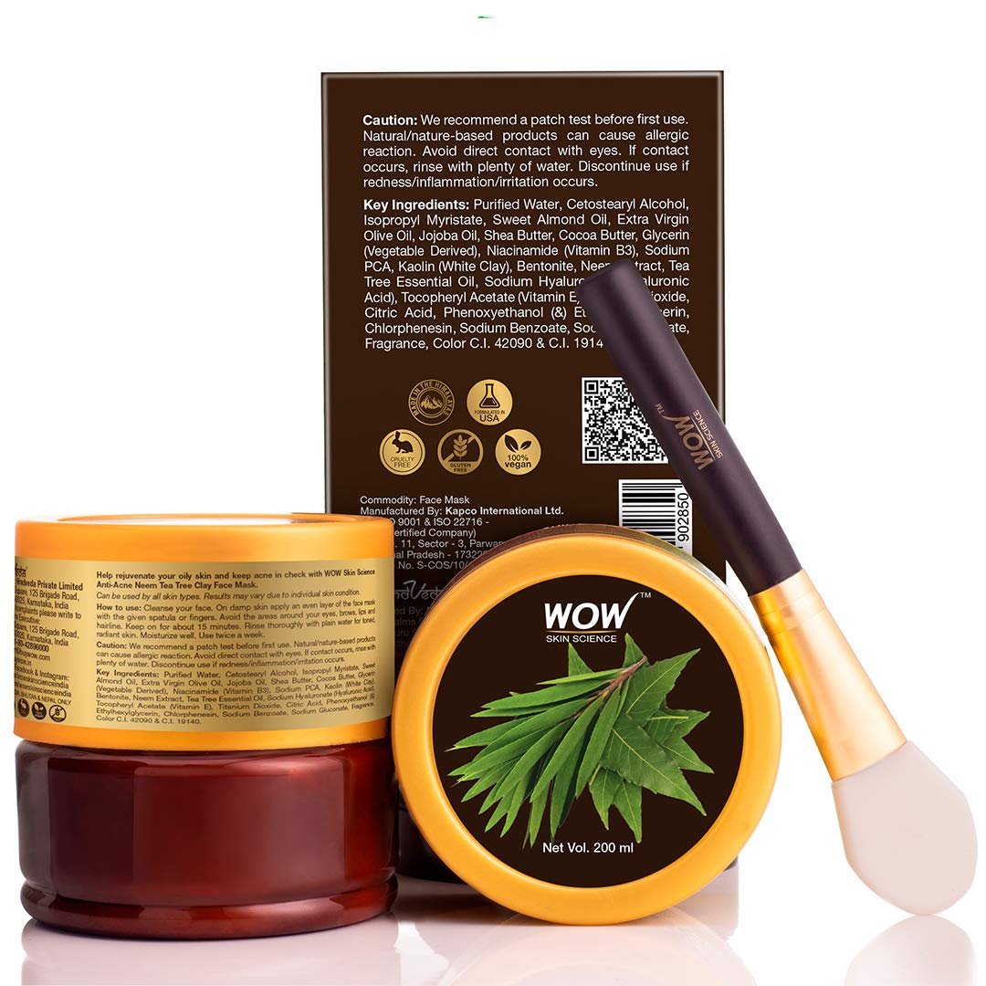 WOW Skin Science Anti-Acne Neem & Tea Tree Clay Face Mask for Refreshing & Refining Acne Prone Skin - For All Skin Types - No Parabens, Sulphate & Mineral Oil, 200 ml