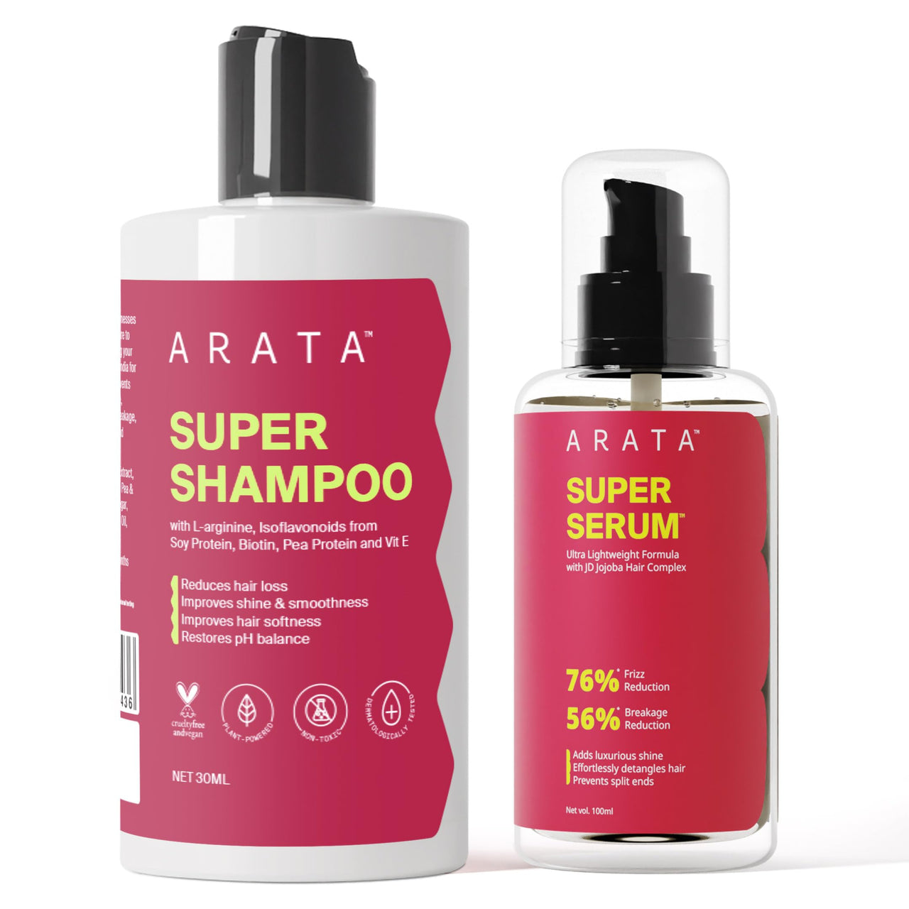 Arata Super Hair Duo | Super Shampoo & Super Serum | Prevents Breakage | Restores pH Balance | Adds Shine | Adds Smoothness | Reduces Frizz | For Women & Men | 300ml + 100ml
