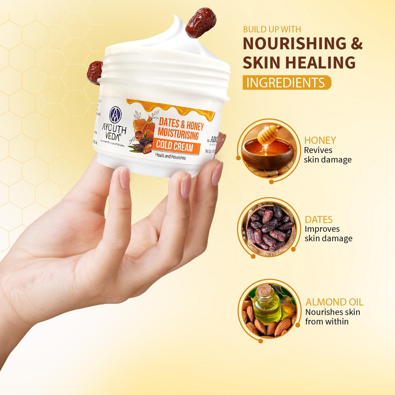 Ayouthveda Dates & Honey Moisturising Cold Cream| Deep Nourishing & Skin Hydrating Moisturizer | Removes Skin Dryness With Fast Observing & Non-Greasy Solution (Pack of 3-50g each)