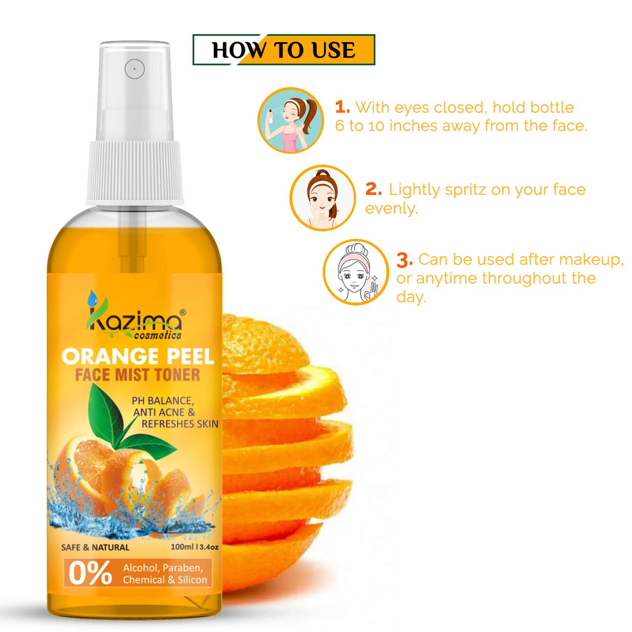 KAZIMA Orange Peel Face Mist Toner for Skin Whitening | Acne free | Refreshing Skin | Glowing Skin, 100 ml