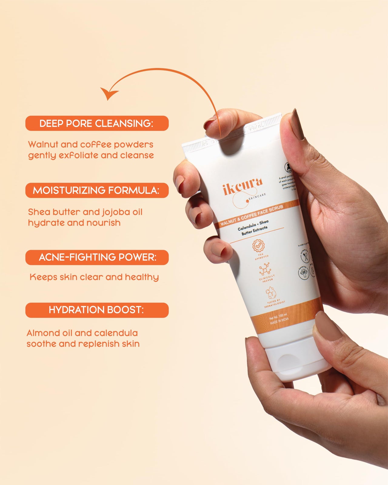 Ikcura Walnut & Coffee Face Scrub with Calendula, Shea Butter Extracts | Deep Pore Cleansing, Hydration Boost, Revitalize and Moisturizer Skin, Reduce Acne & Pimple, 100ml