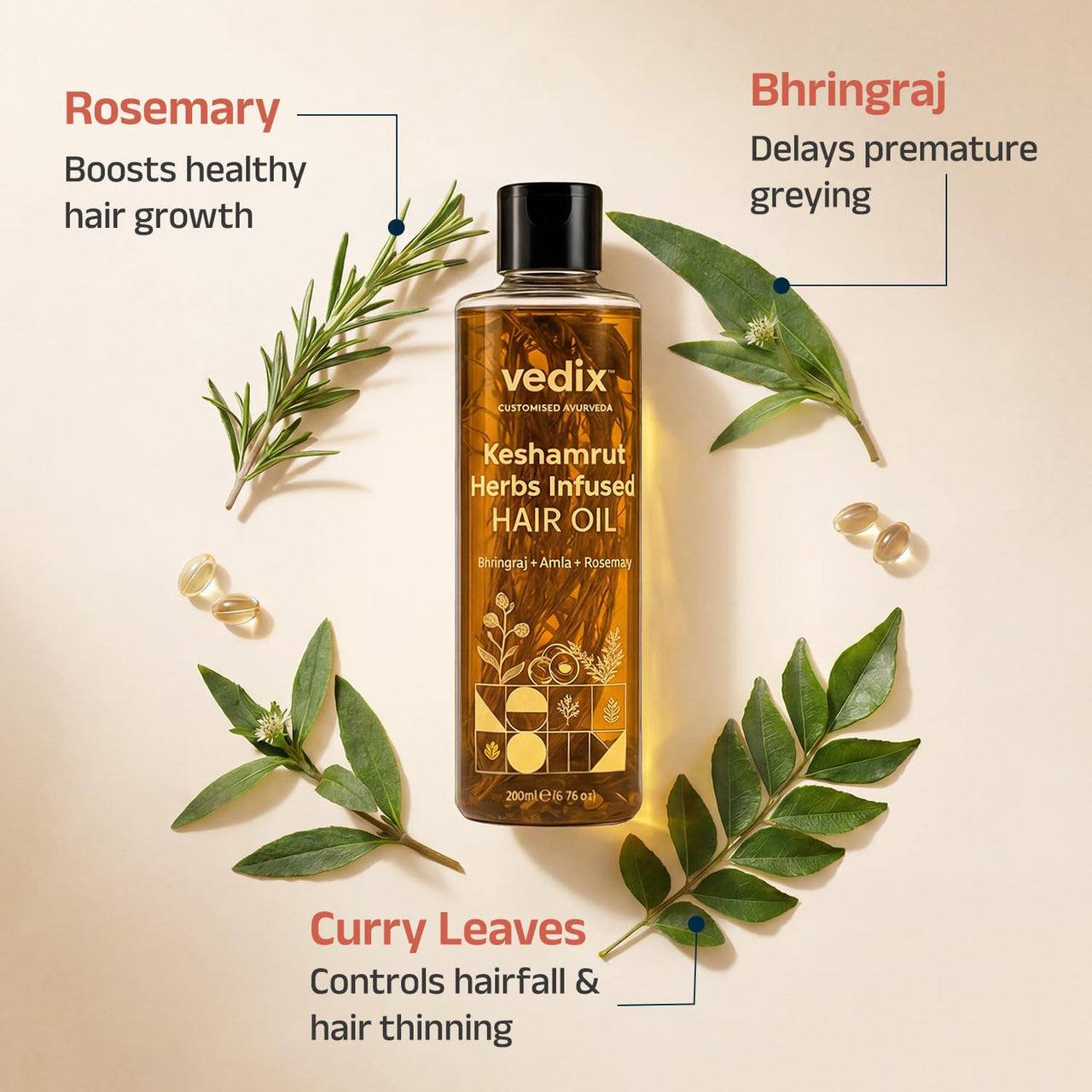 Vedix Keshamrut Herbs Infused Hair Oil for Men & Women I Control Hair Fall & Boost Hair Growth I 16+ Whole Herbs, Leaves & Flowers I No Mineral Oils & Chemicals (200ml)