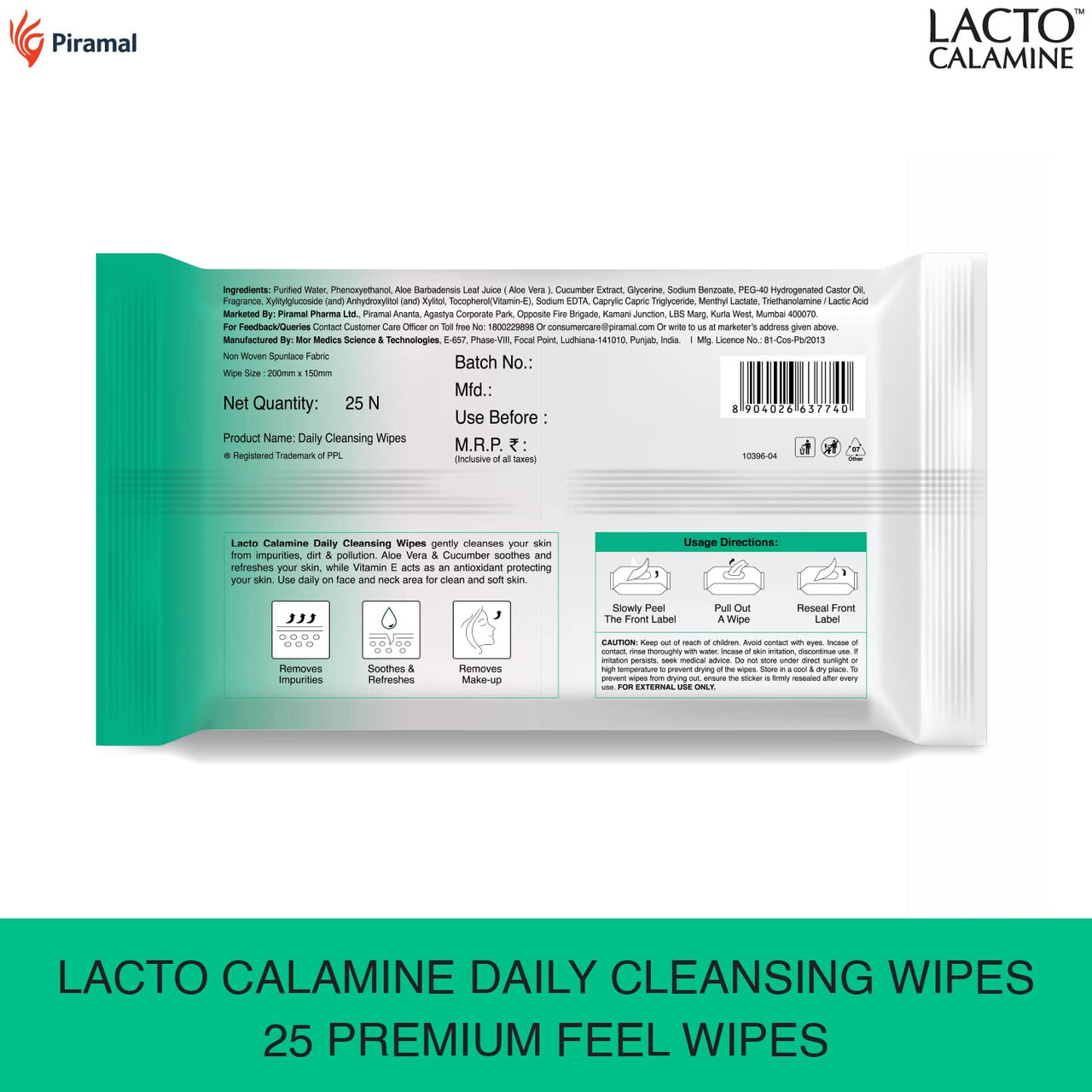 Lacto Calamine Daily Face Cleansing Wipes with Aloe Vera, Cucumber & Vitamin E, White, Pack of 3, 75 Count & Calamine Oil Control Face Wipes, White, 60 Count, Pack of 2