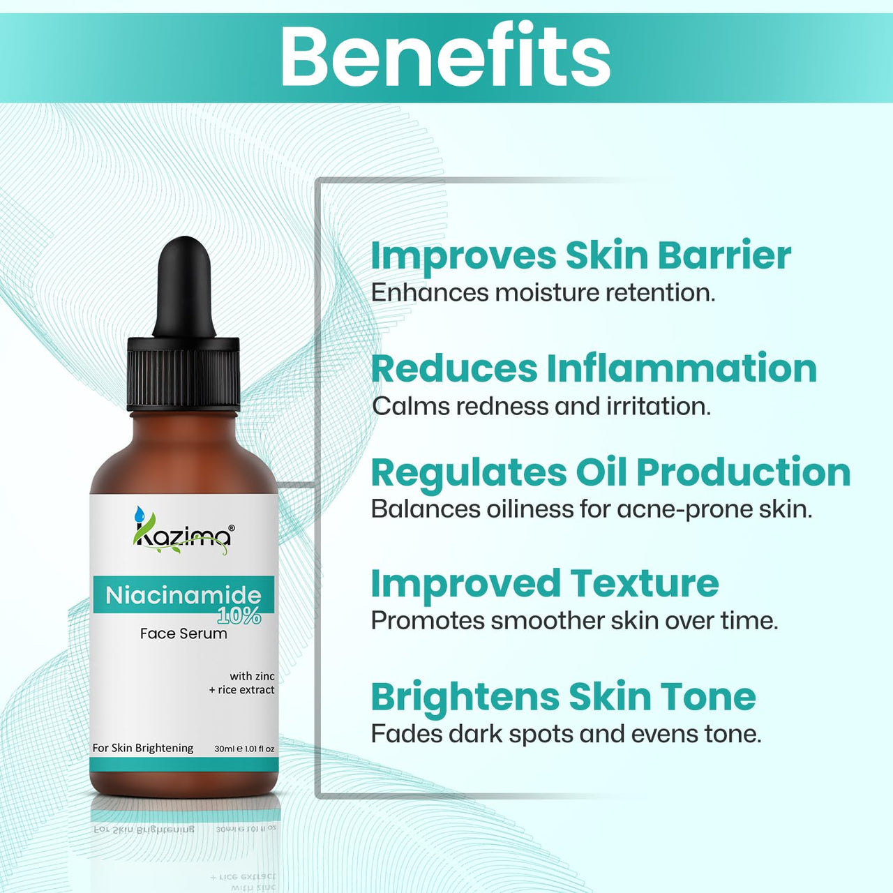 KAZIMA 10% Niacinamide Face Serum for Acne Marks and Dark Spots, with Zinc and Rice Extract | Fades Blemishes, Reduces Hyperpigmentation & Balances Oil | Niacinamide Serum for Oily Skin | 30 ml