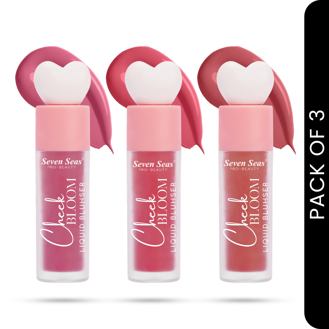 Seven Seas Cheek Bloom Liquid Blusher | Long Lasting and Highly Pigmented | Liquid Blusher and Lip Gloss (02-Cheek Pink, 03-Rosy Cheeks, 04-Natural Blush, Pack of 3)