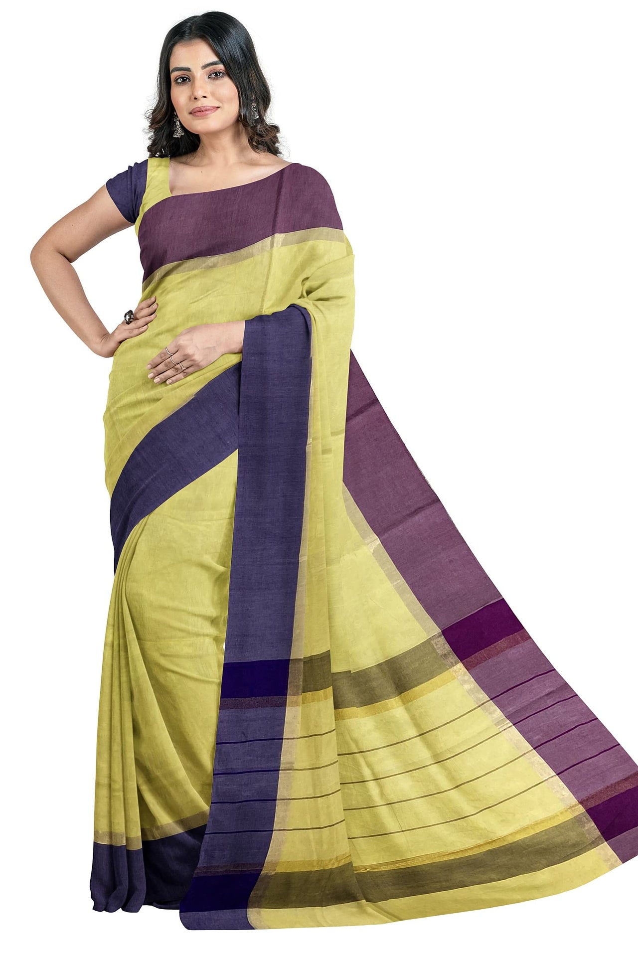 SENSAN Women’s Handloom Kanchi Cotton Saree with Blouse Piece [SKU:430] Light Beige×Navy Blue