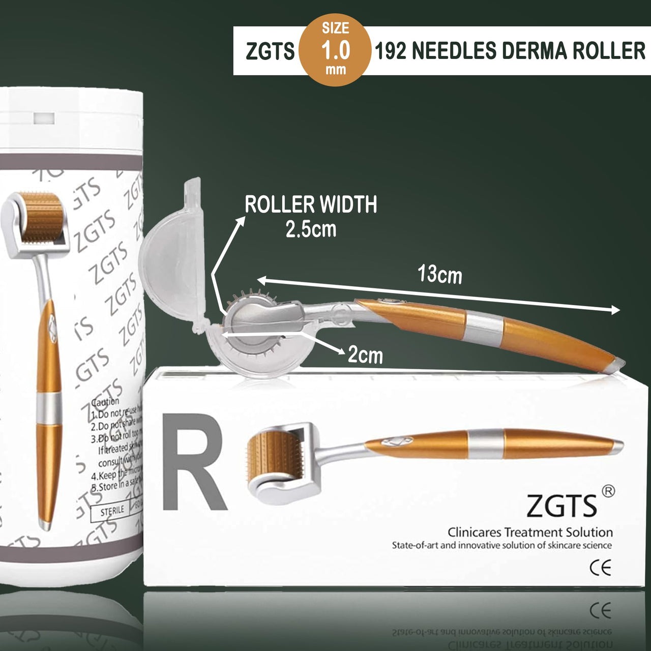 ZGTS Professional Gold Plated 192 Needles Titanium Alloy Derma Roller, Gold, 1.0 mm