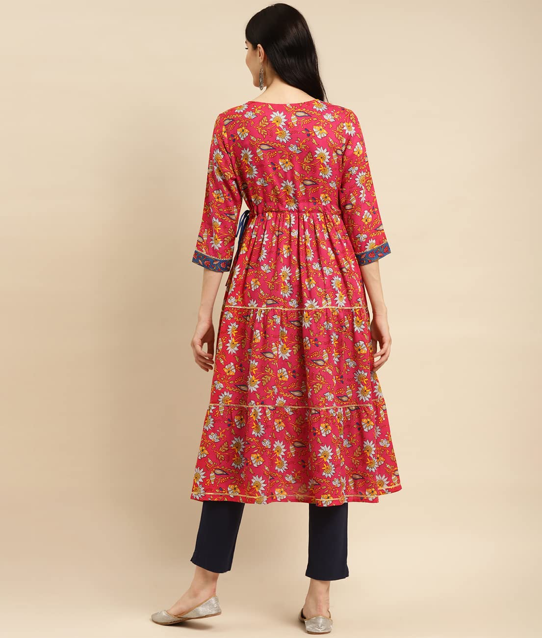 rangita Women Rayon Floral Printed Calf Length Tiered Kurti with Contrast Placket and Side Tie Ups