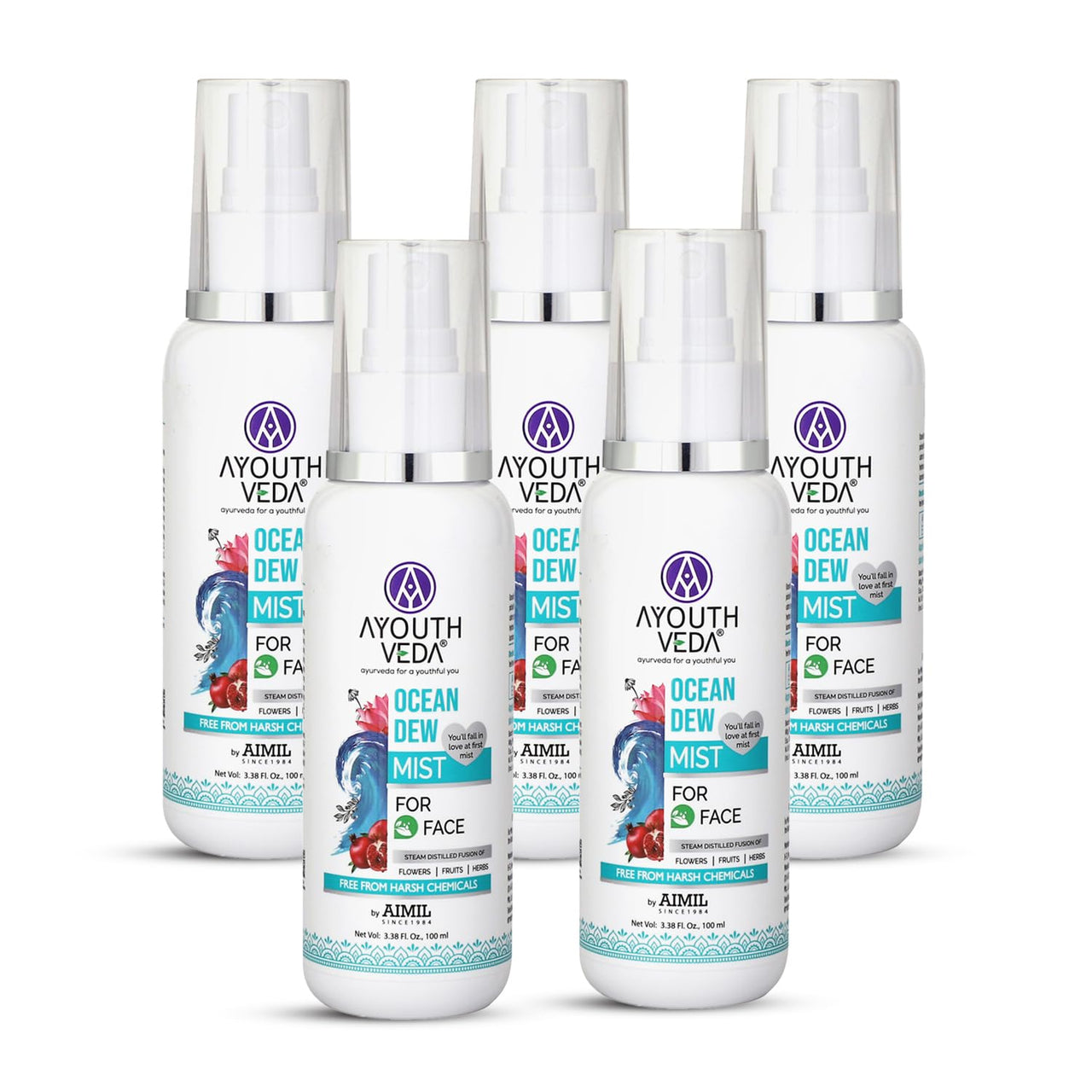 Ayouthveda Ocean Dew Mist | Flowers, Fruits & Herbs Distillates Mist | Instant Hydrates & Refreshes The Skin | Work As Makeup Setter | Free From Chemical (Pack Of 5-100ml each)