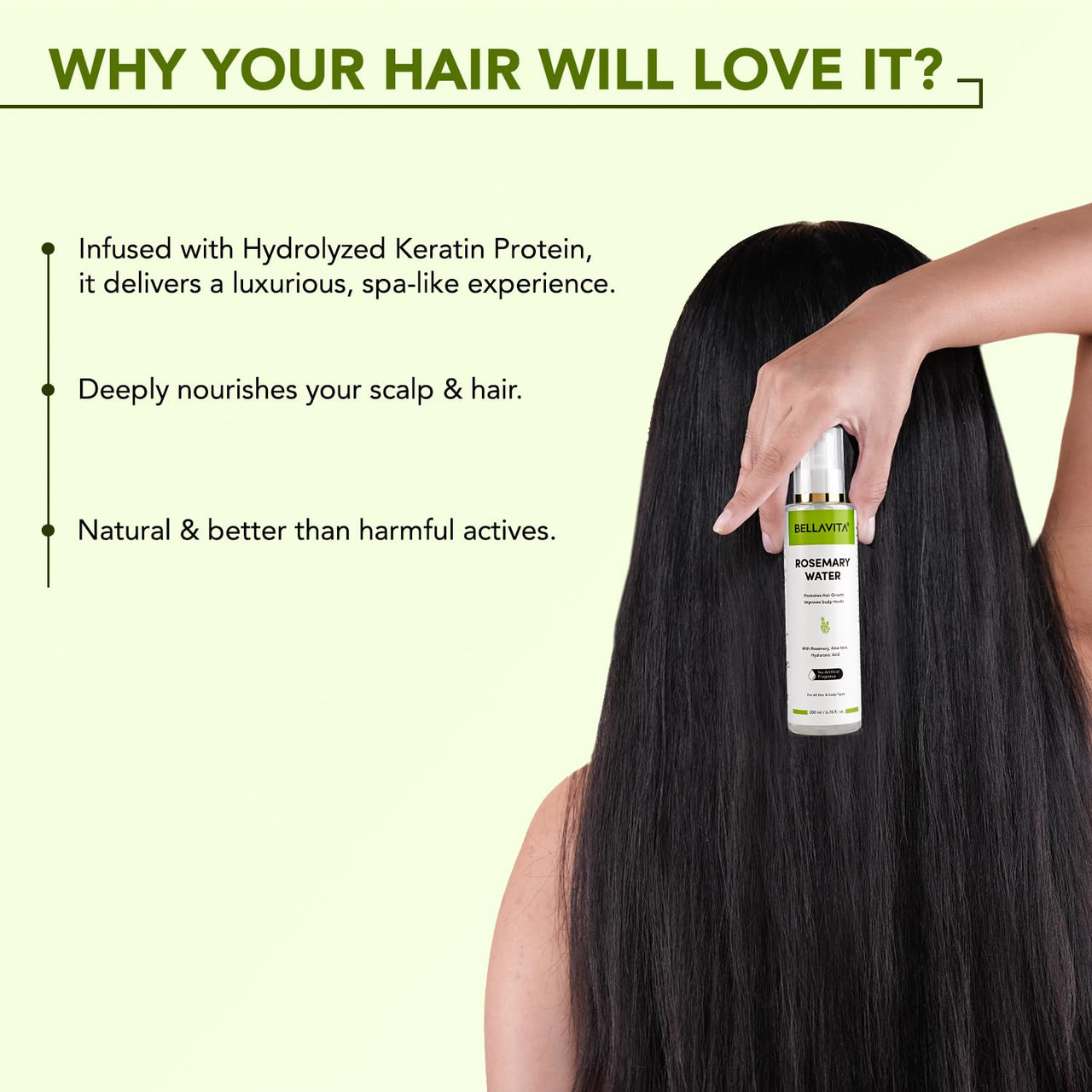 Bellavita Rosemary Water Hair Spray | For Frizzy Hair | Adds Shine | Suitable For All Hair Types | 200 ml
