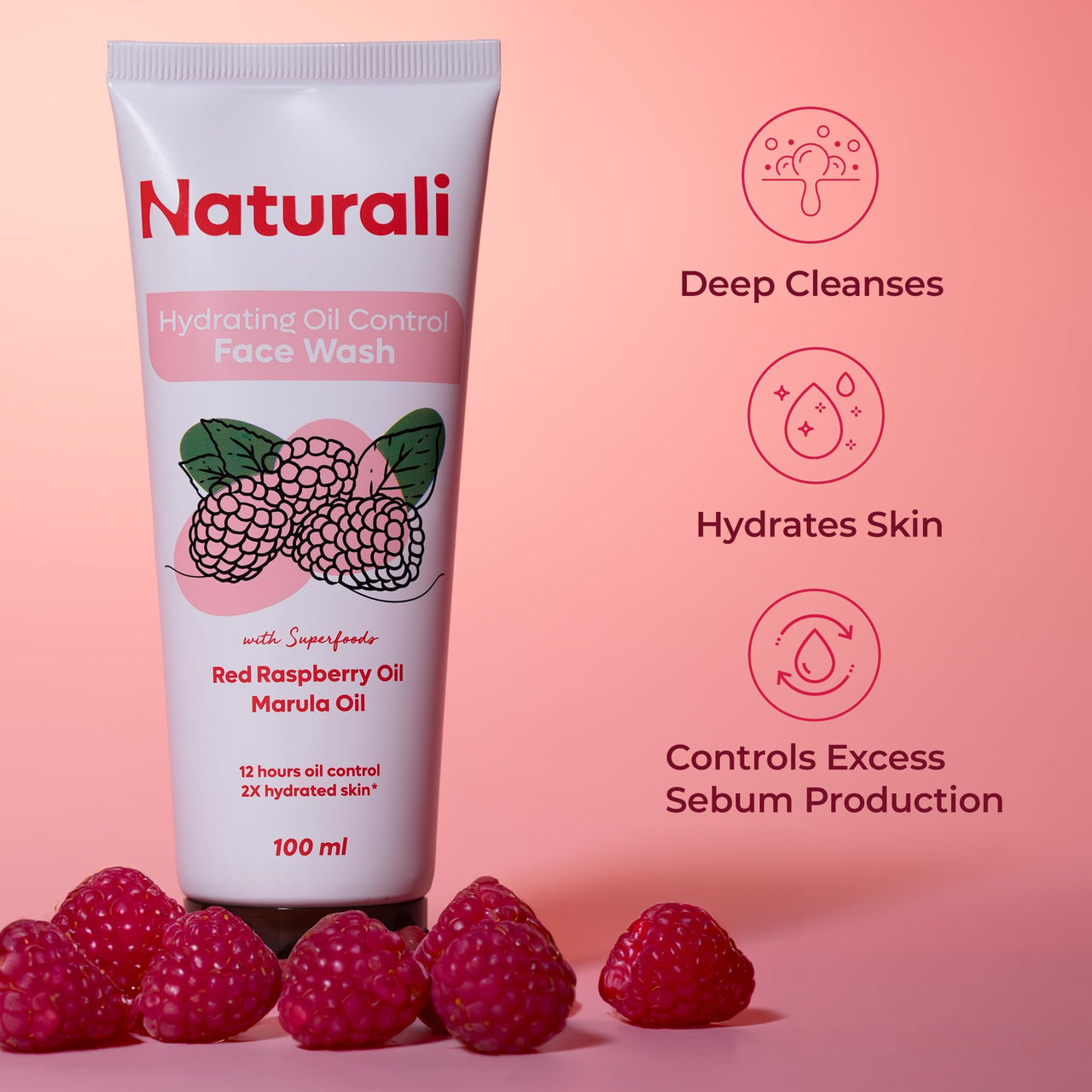 Naturali Hydrating Oil Control Face Wash with Red Raspberry Oil & Marula Oil | Deep Cleansing | Oil Control | Hydrating | Ideal for Oily Skin | 100ml
