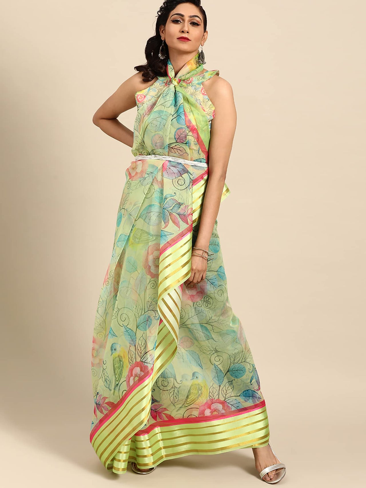 AKHILAM Women's  Knit Floral Printed Organza Saree with Unstitched Blouse Piece (FF0SAGE10_Parent)