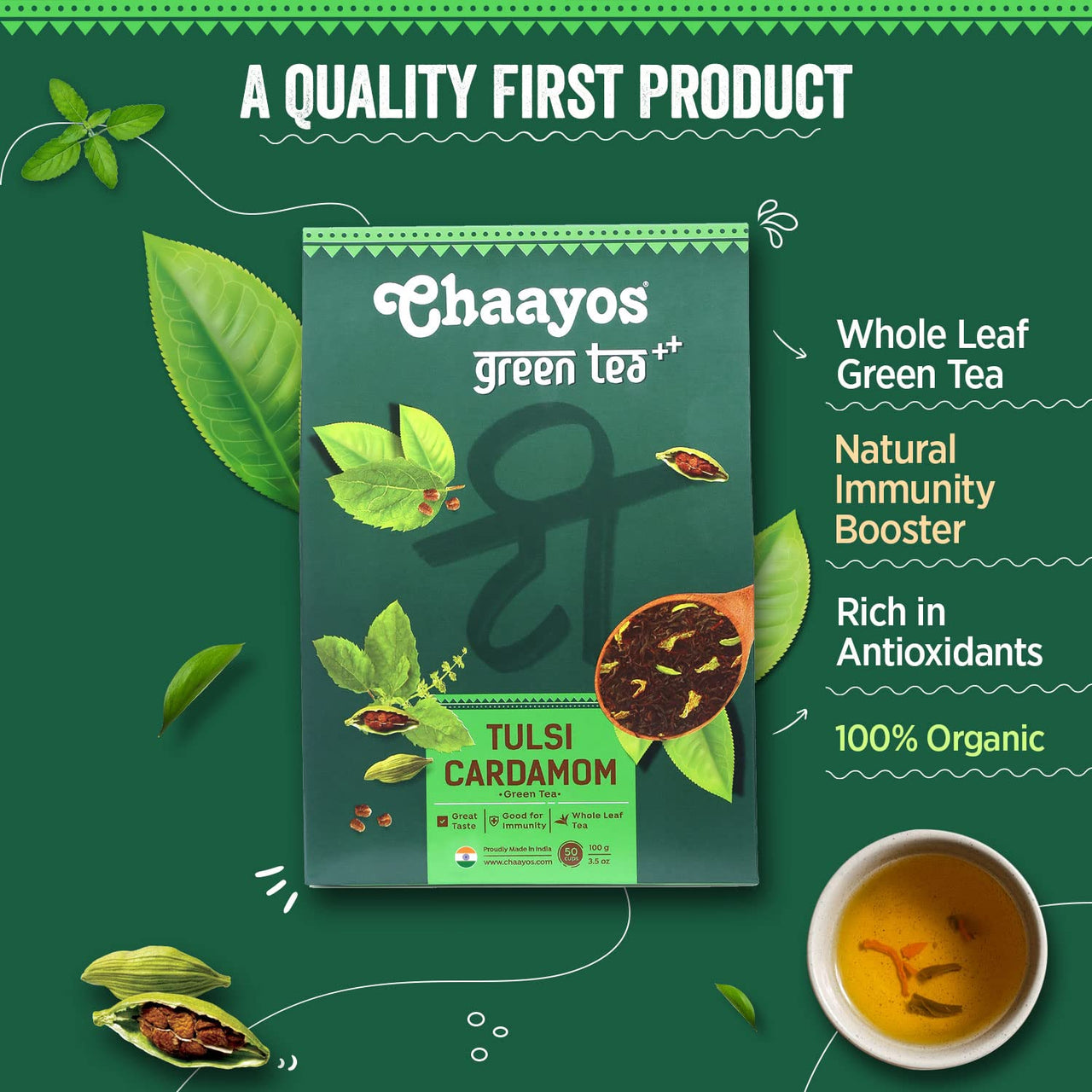 Chaayos Tulsi Cardamom Green Tea | Tulsi Cardamom Tea | Whole Leaf Loose Tea | Immunity Boosting - 100g [50 Cups] | Antioxidant Green Tea | Green Tea
