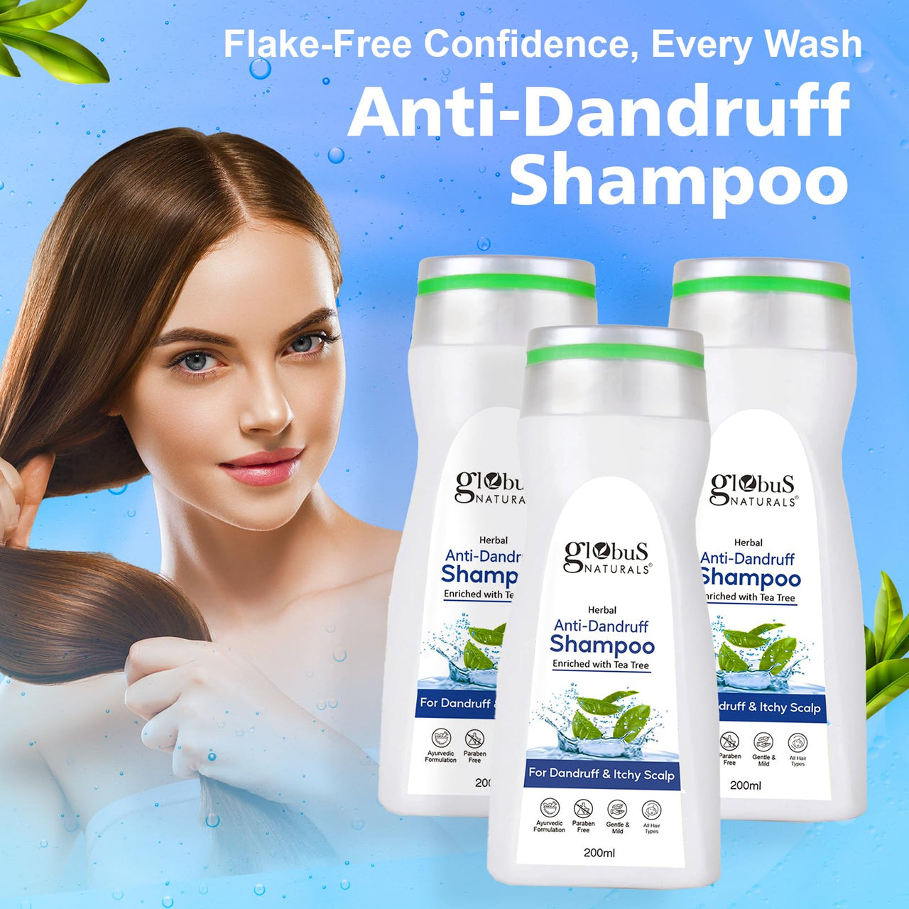 Globus Naturals Anti Dandruff Shampoo, For Dandruff and Itchy Scalp, Suitable For All Hair Types, 200 ml (Pack of 3)