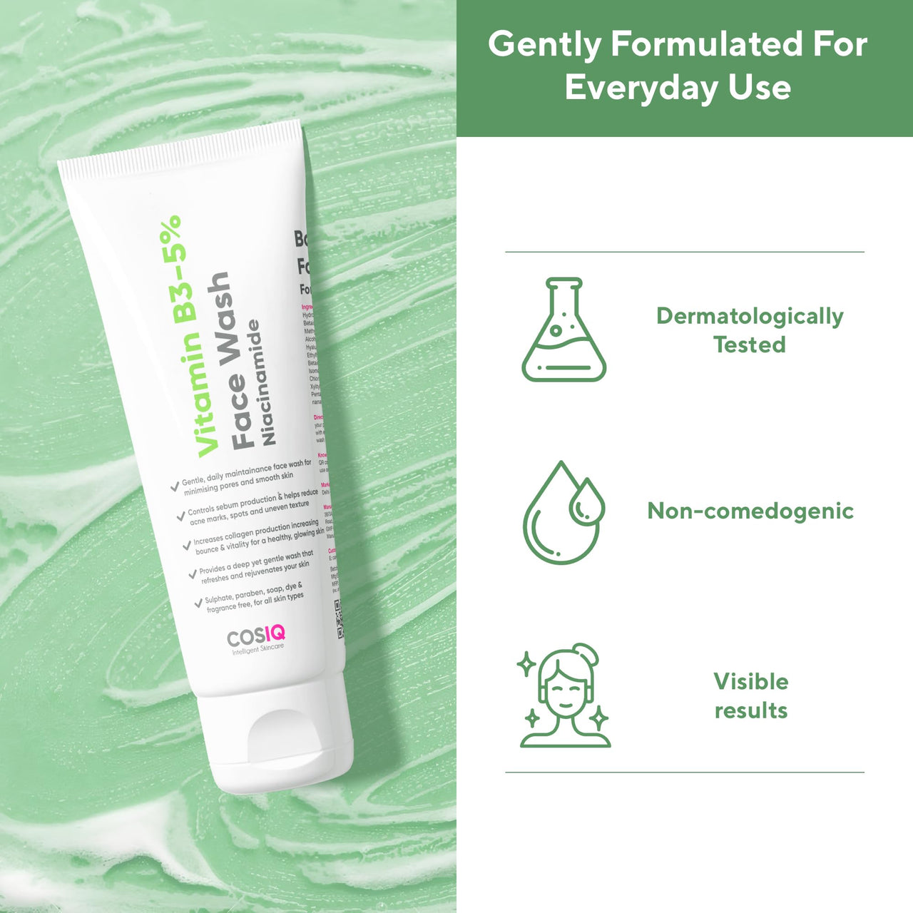 Cos-IQ Vitamin B3-5% Niacinamide Face Wash for Smooth and Even Skin, Tan Removal & Glowing Skin, pH Balanced & Paraben Free (90 Days Pack, 300ml)