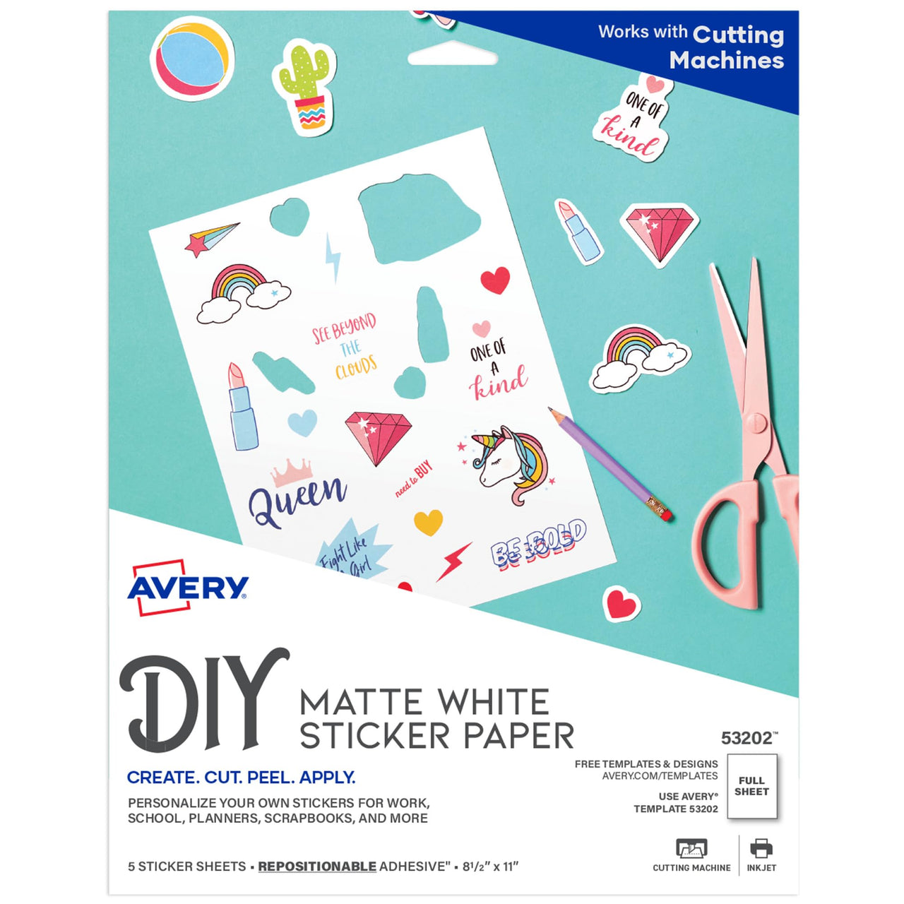 Avery Printable Sticker Paper, 8.5" x 11", Inkjet Printer, White, 5 Repositionable Sticker Sheets (53202)