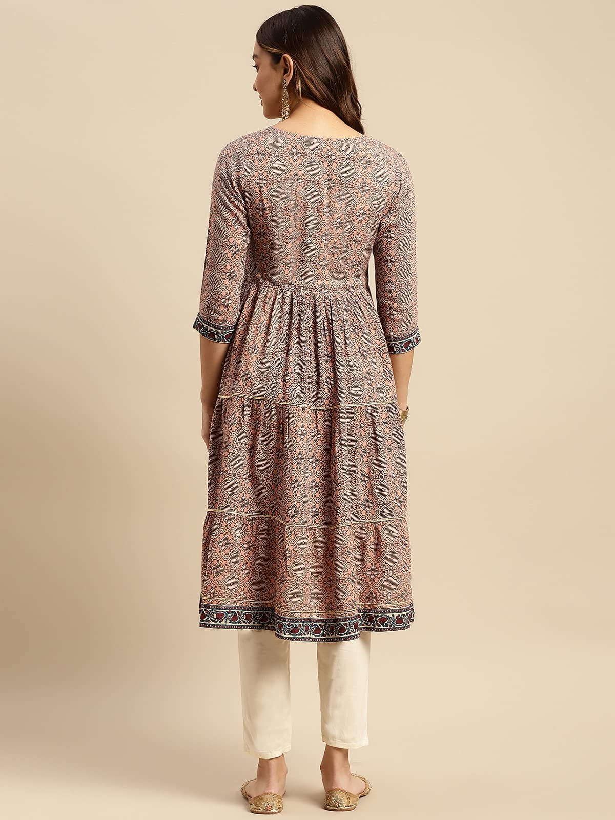 rangita Women Rayon Peach Printed Calf Length Anarkali Tiered Kurti with Contrats Printed Placket