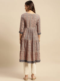 rangita Women Rayon Peach Printed Calf Length Anarkali Tiered Kurti with Contrats Printed Placket