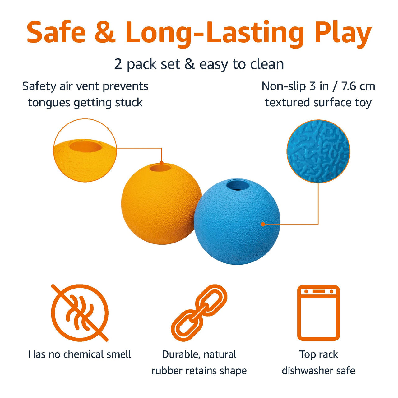 Basics Rubber Fetch Toy Dog Balls, 3-Inch, 2-Pack, Blue, Orange Fetch Balls (Pack of 2) 3 inch