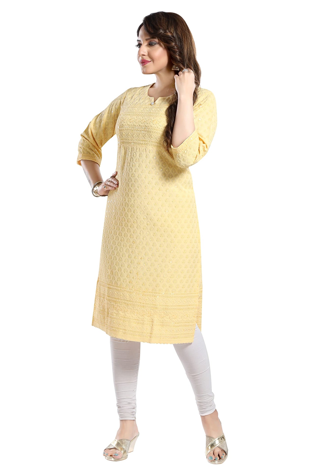 QUEEN SHIELD Women's  Knee Length Rayon Chikan-Kari KurtaKurti (QS_6631)