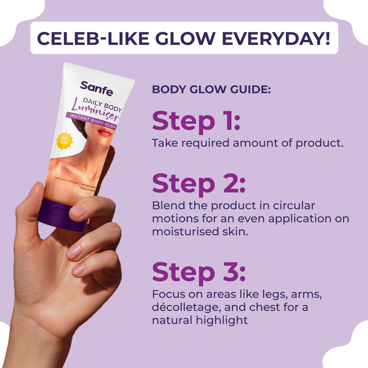 Sanfe Daily Body Luminiser l Instant Body Highlighter For Women | SPF50 Smudge Proof | Water Proof | Sweat Proof | Transfer Proof | Daily Complexion Booster | For Indian Skin | 50g
