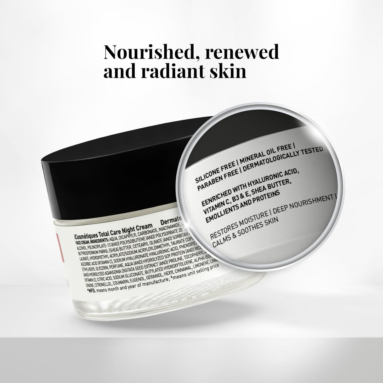 iCosmetiques Night Cream |Vitamins B3, C, E |Shea Butter & Glycerin |Deep Hydration & Glow |Lightweight Moisturizer for Radiant Skin |Mineral Oil & Silicone-Free |Unisex Total Care Formula |50g