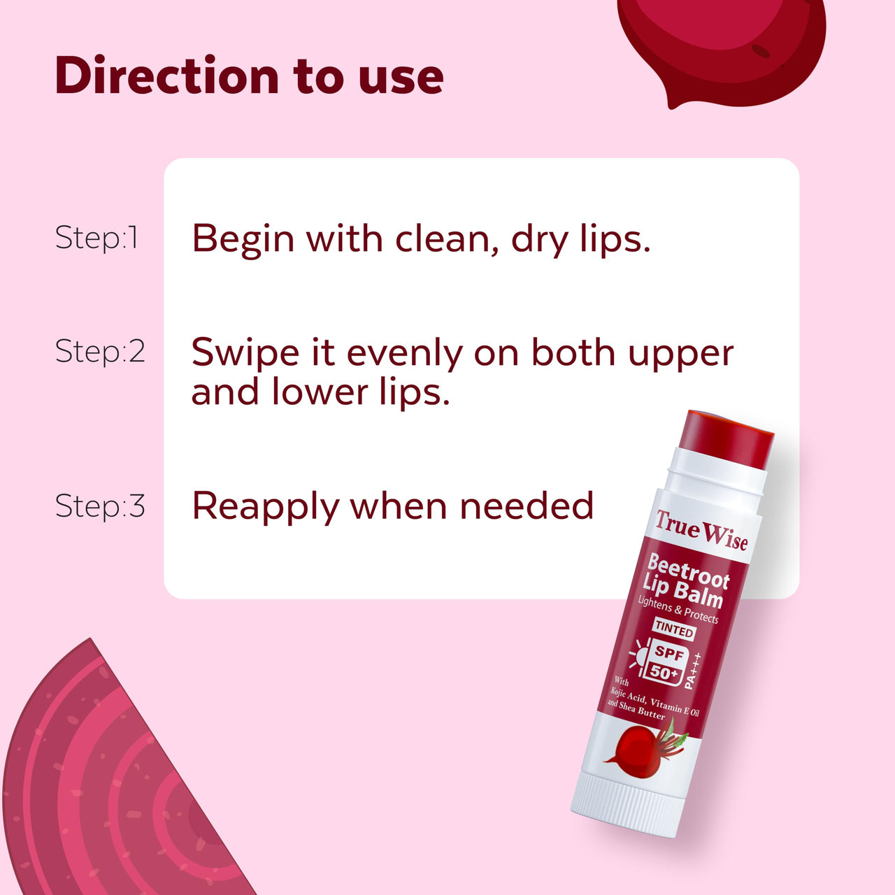 TrueWise® Tinted Lip Balm with SPF 50 PA+++ Brightening Beetroot Lip Balm For Dark Lips With Kojic Acid,Vitamin E, Soft, Glossy Lips- SPF lip balm for Women 5g (Pack Of 2)