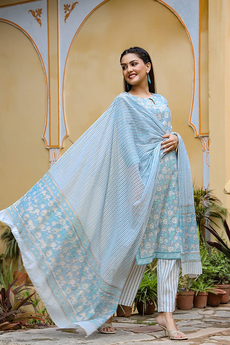 Vaamsi Cotton Printed Kurta Palazzo Dupatta Set (VKSKD1121_Blue)