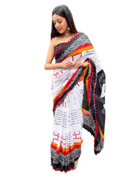 Shivanya Handicrafts Cotton Mulmul Saree for Women Attached Pom Pom Lace Red & Black 1