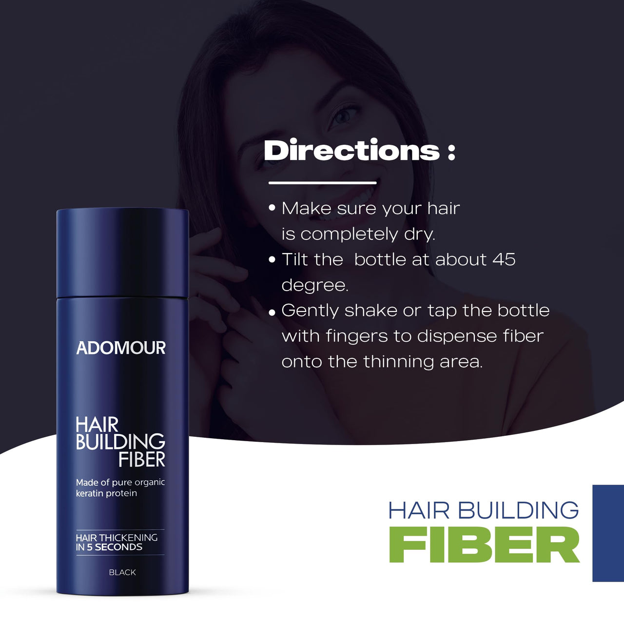 Adomour Hair Building Fiber 27.5g | Keratin Fibers for Thin, Fine & Thinning Hairs | Natural Coverage | Instant Thickening & Volumizing | Bald Spot Cover Up Hair Fiber Powder for Men & Women (Black)