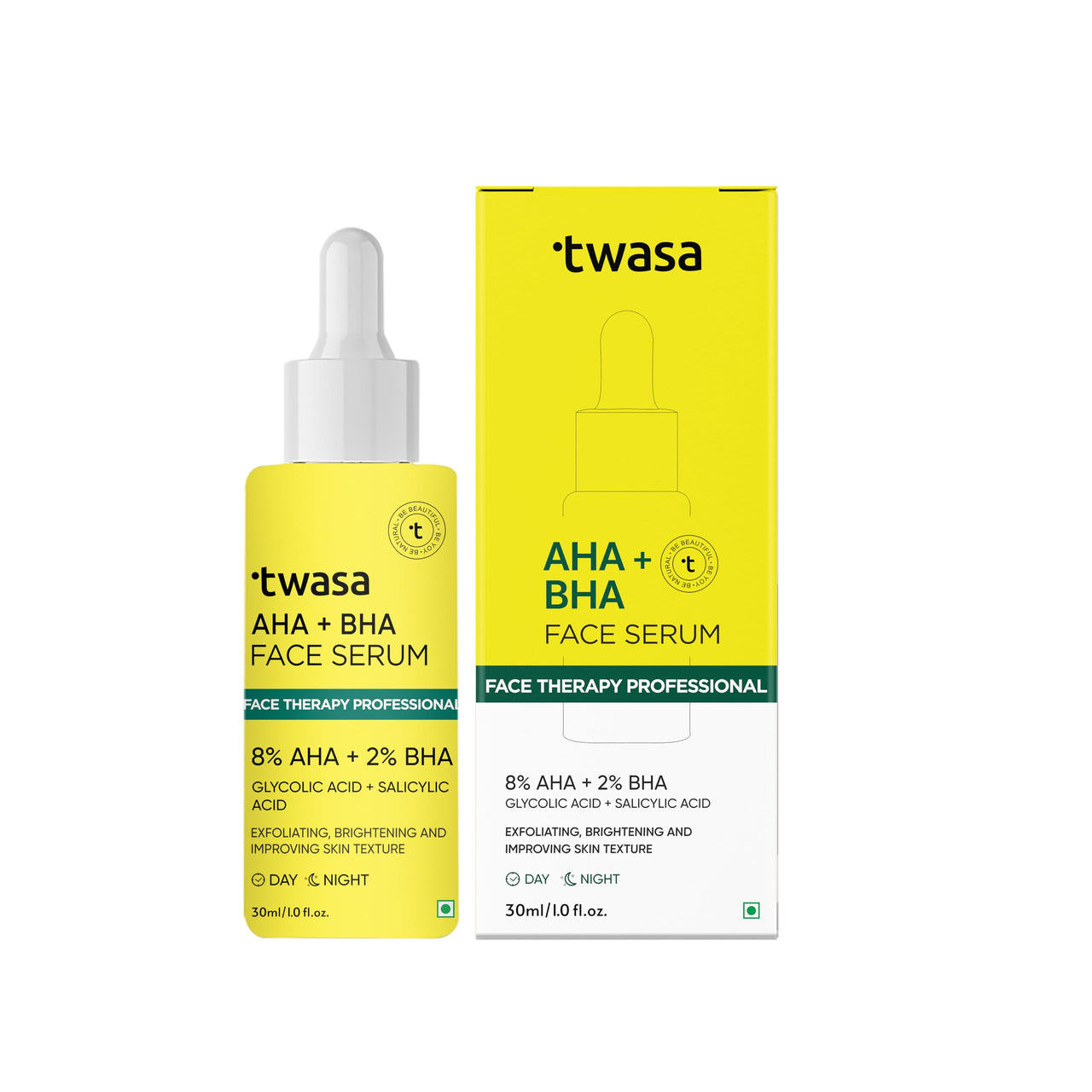 Twasa 8% AHA + 2% BHA Exfoliating Face Serum For Reduces Excess Oil, Fights Acne | Skin Renewal, Improved Skin Texture, Brightening & Even Skin Tone, Men & Women | 30ml