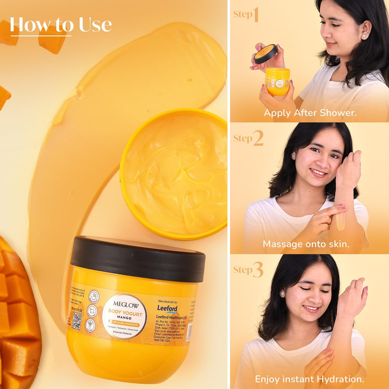 Meglow Mango Body Yogurt – Oil-Free Moisturizer for Dry Skin, Radiance & Long-Lasting Hydration, 200ml